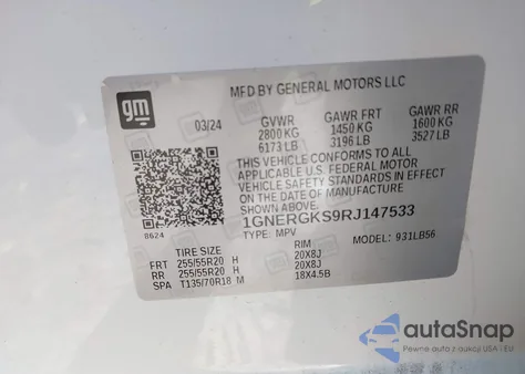 2024 Chevrolet Traverse Fwd Lt из США, поврежденный, VIN 1GNERGKS9RJ147533